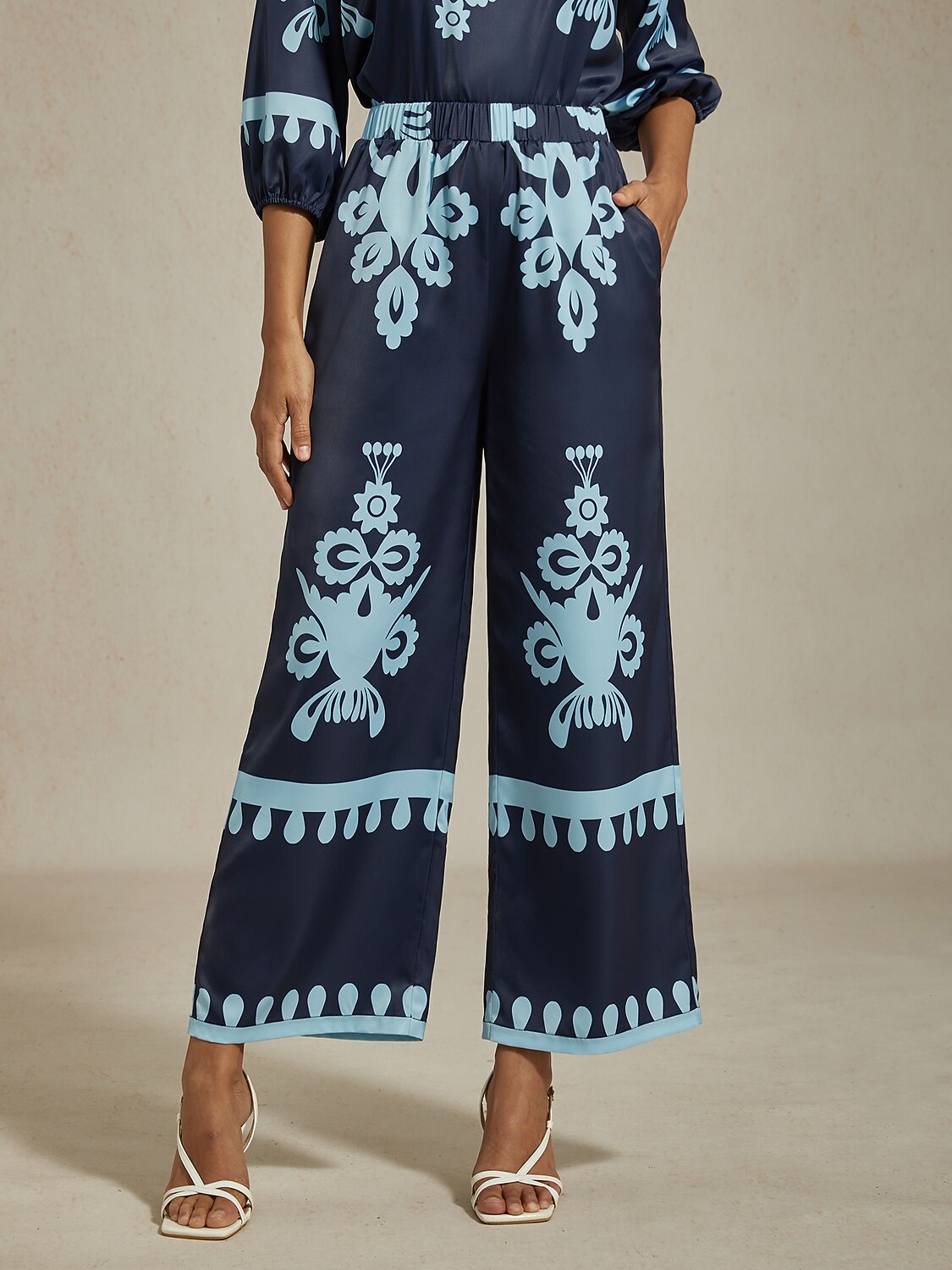 Ethnic Geometric Print Silky Satin Wide Leg Pants