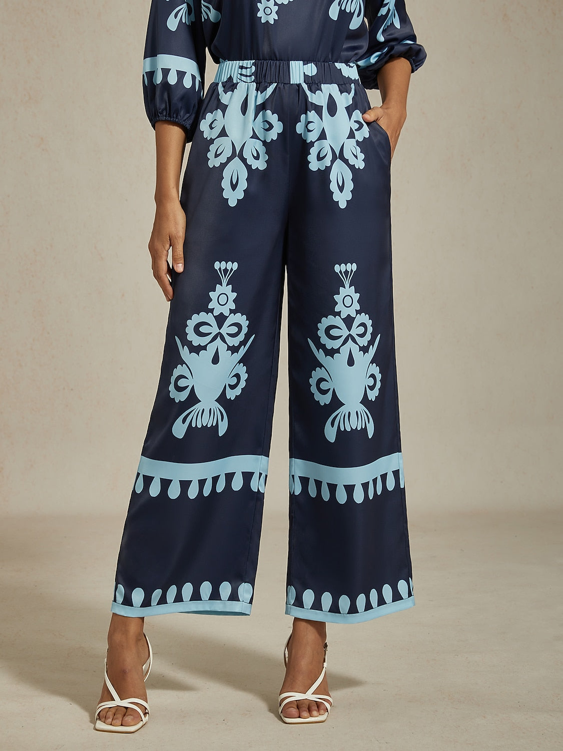 Ethnic Geometric Print Silky Satin Wide Leg Pants