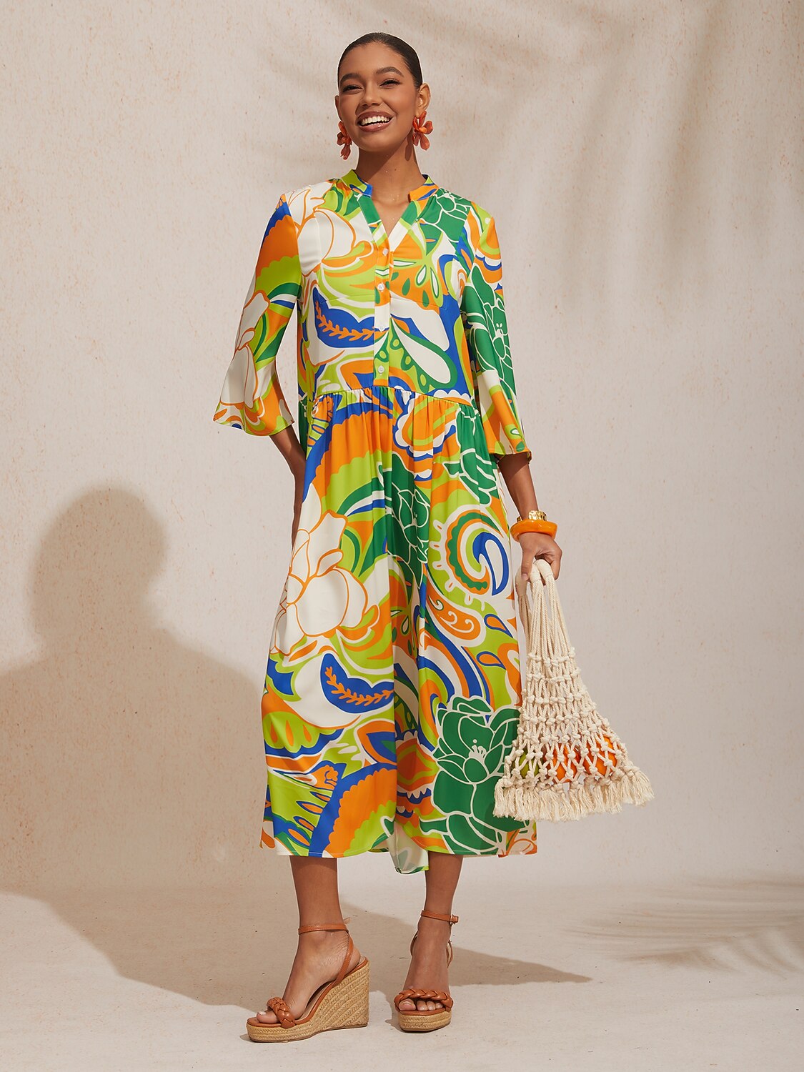 Abstract Azure Silky Satin Dot Maxi Dress