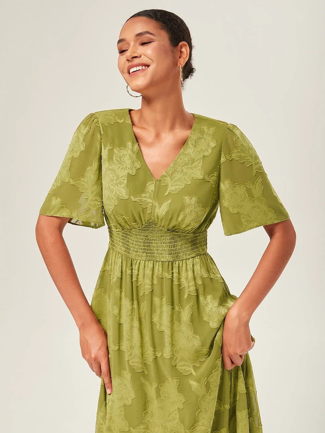 Green Chiffon Short Jacquard Midi Dress  ADOR