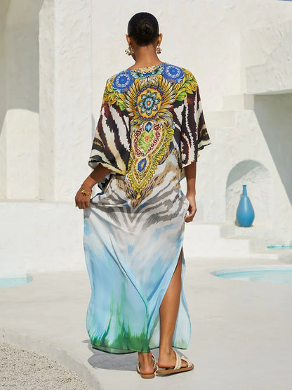 Mallorca Blossom Flowy Chiffon Dolman Sleeve Maxi Dress