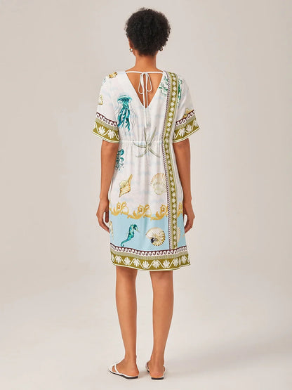 Resort-Style Ocean Print Straight-Cut Mini Dress