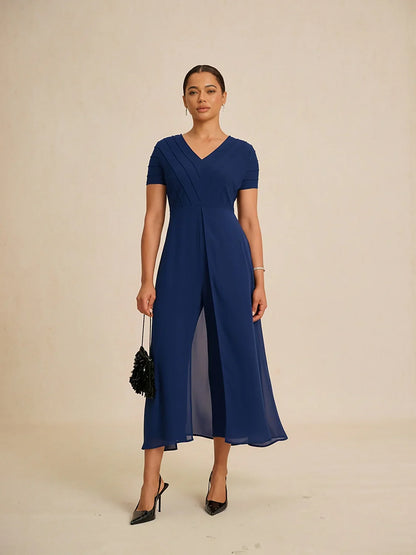 Paneled Design Faux Flowy Sheer Stretch Fabric Jumpsuit