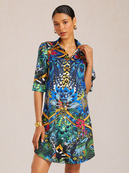 Jungle Wild Party Silky Satin Straight Shirt Dress