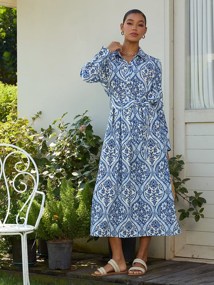 Azure Medallion Silky Satin Midi Dress