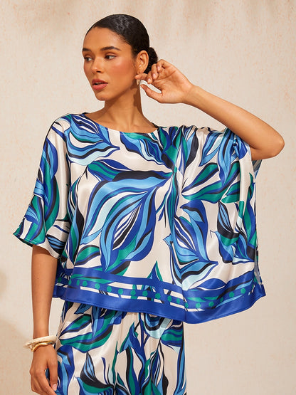 Marble Flora Silky Satin Dolman Sleeve Batwing Top