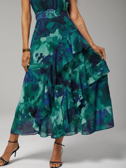 Abstract Floral Ruffle Chiffon Maxi Dress