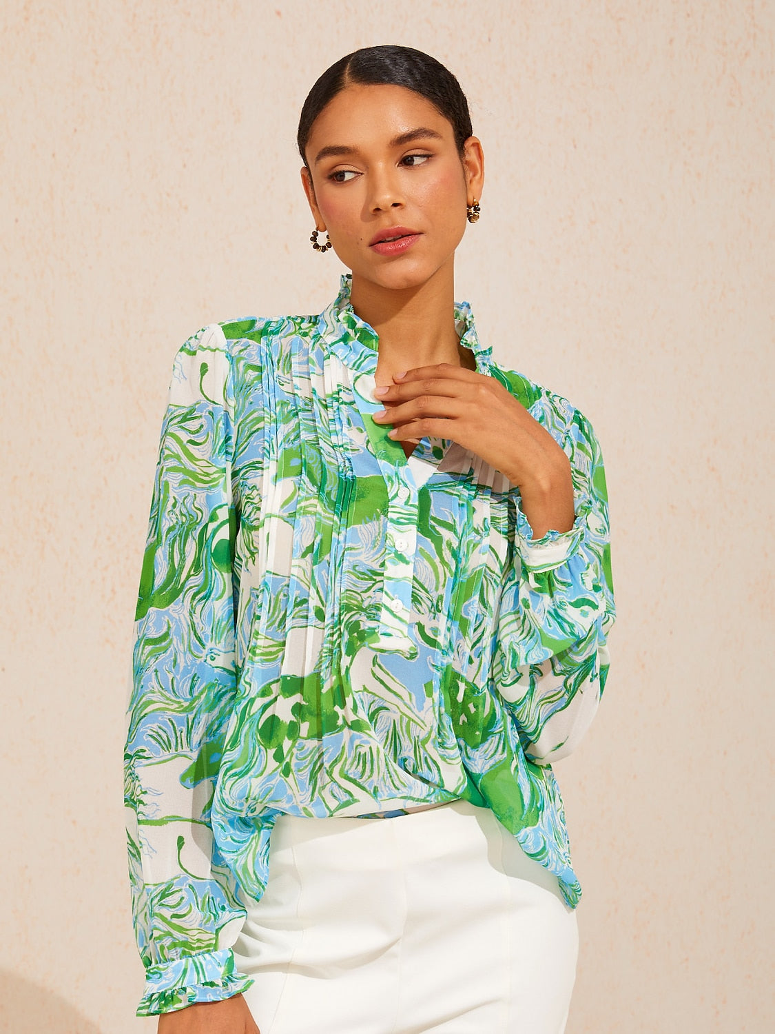 Graphic Art Mustang Ruffle V-Neck Chiffon Blouse