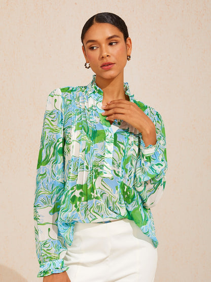 Graphic Art Mustang Ruffle V-Neck Chiffon Blouse