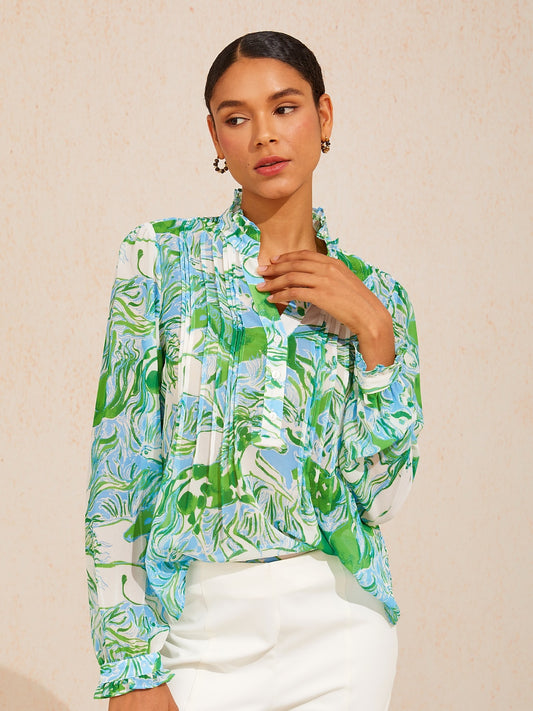 Graphic Art Mustang Ruffle V-Neck Chiffon Blouse