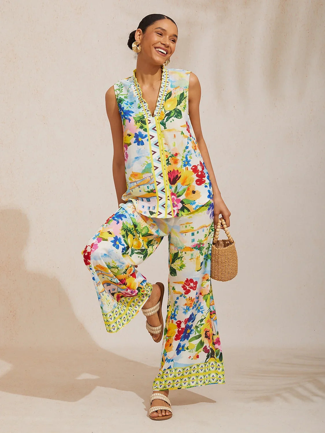 Holiday Citrus Garden Airy Linen Look Wide Leg Pants
