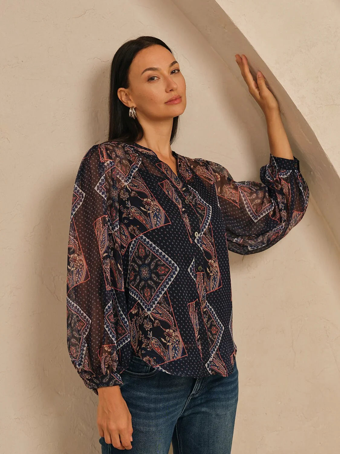Geometric Combination Paisley Print Sheer Chiffon Blouse