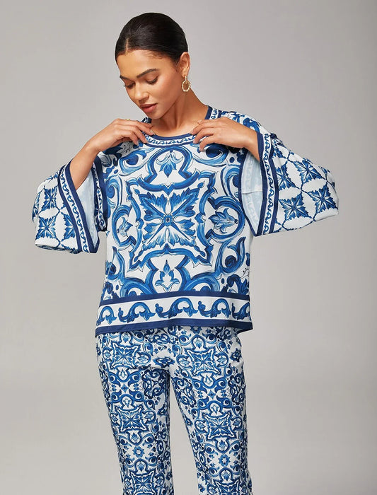 Porcelain Print Satin Round Neck Top
