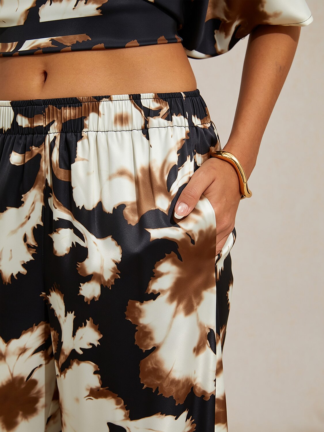 Sepia Noir Bloom Silky Satin Wide Leg Pants