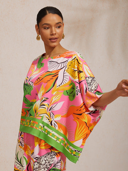 Summer Night Palm Silky Satin Dolman Sleeve Batwing Top