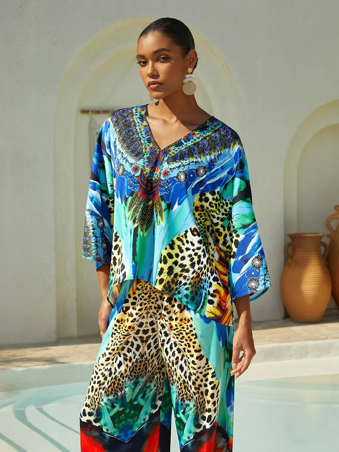Jungle Wild Party Silky Satin Leopard Batwing Top
