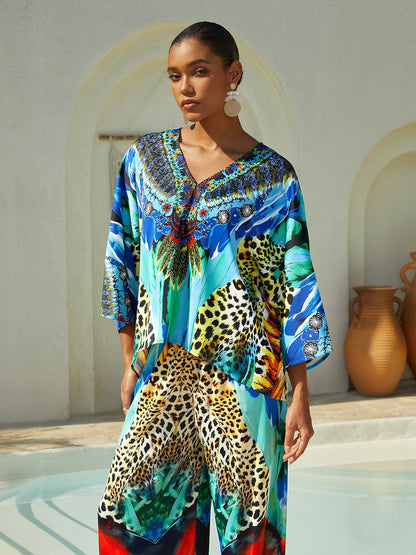 Indigo Tigress Silky Satin  Vacation Batwing Top