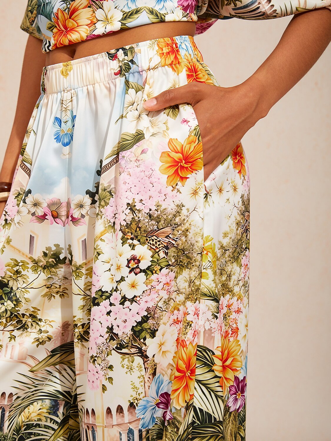 Pastel Floral Garden  Satin Wide Leg Pants