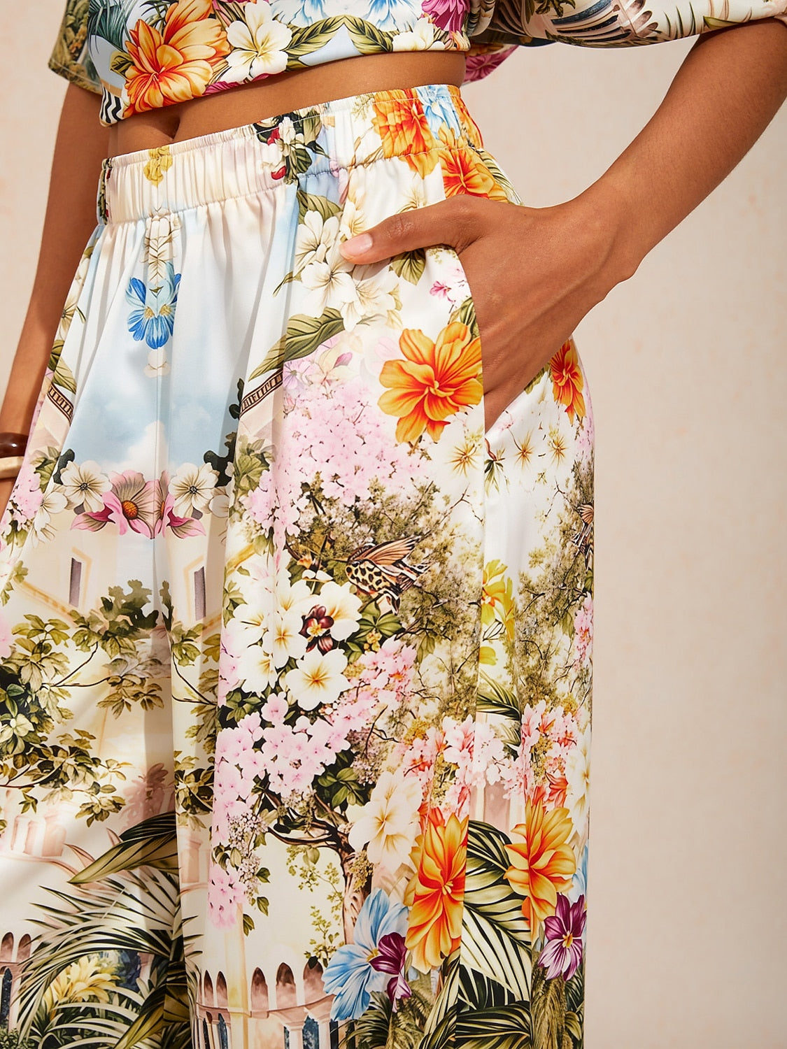 Abstract Bell Flower Satin Wide Leg Pants