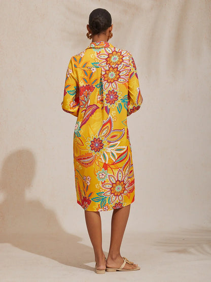 Boho Paisley Silky Satin Shirt Dress