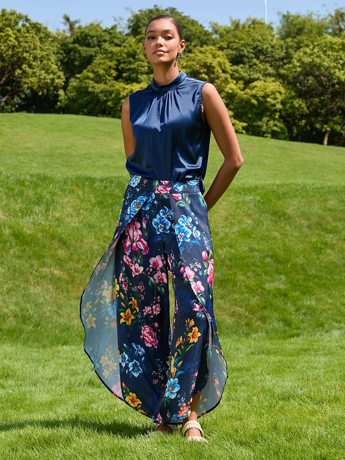 Sapphire Rose Garden Silky Satin Slit Wide Leg Pants