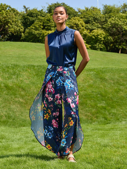 Sapphire Rose Garden Silky Satin Slit Wide Leg Pants