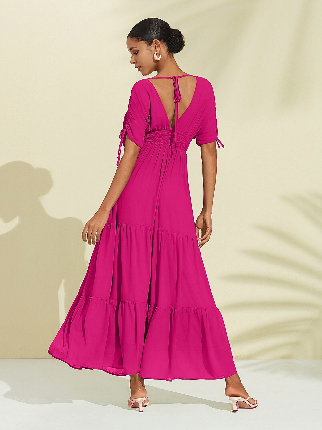 Rose Red Short Sleeve Vacation Chiffon Dress