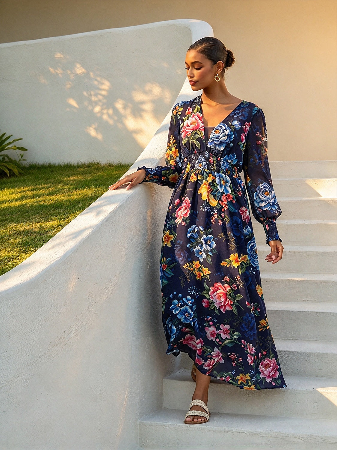Sapphire Rose Garden Flowy Chiffon Maxi Dress