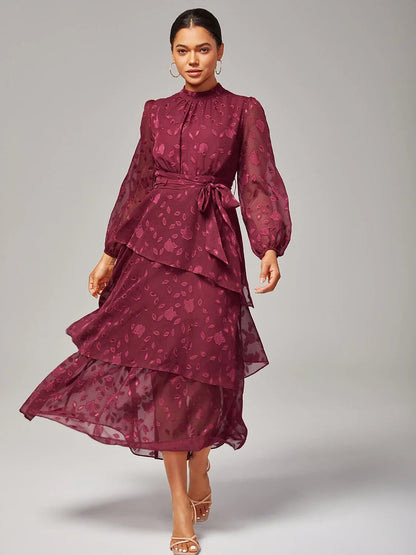 Elegant Floral Print High-Neck Maxi Chiffon Dress