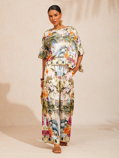 Pastel Floral Garden Silky Satin Dolman Top