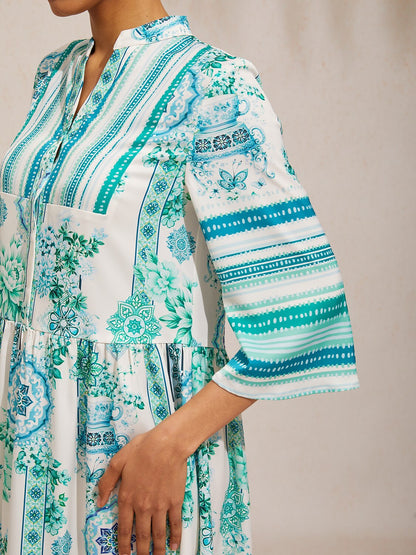 Abstract Azure Silky Satin Dot Maxi Dress