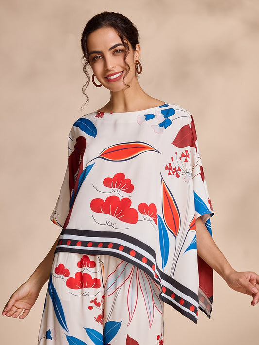 Satin Bateau Irregular Hem Magyar Sleeve Blouse