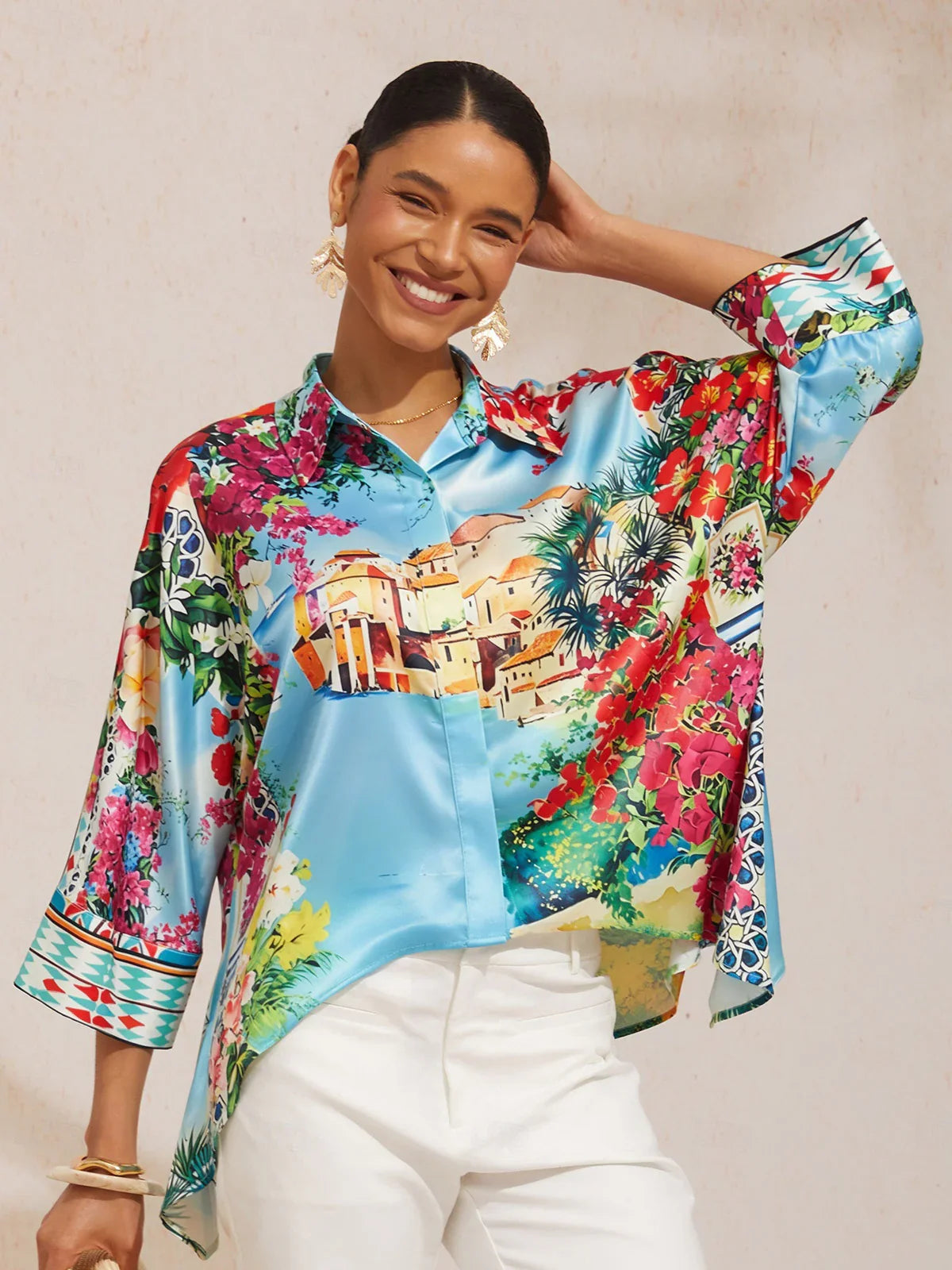 Mallorca Blossom Silky Satin Dolman Sleeve Button Down Shirt