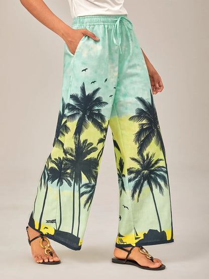 Beach Palm Tree Silhouette Wide-Leg Pants