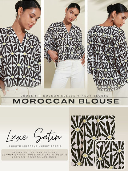 Moroccan Floral V-Neck Silky Satin Blouse