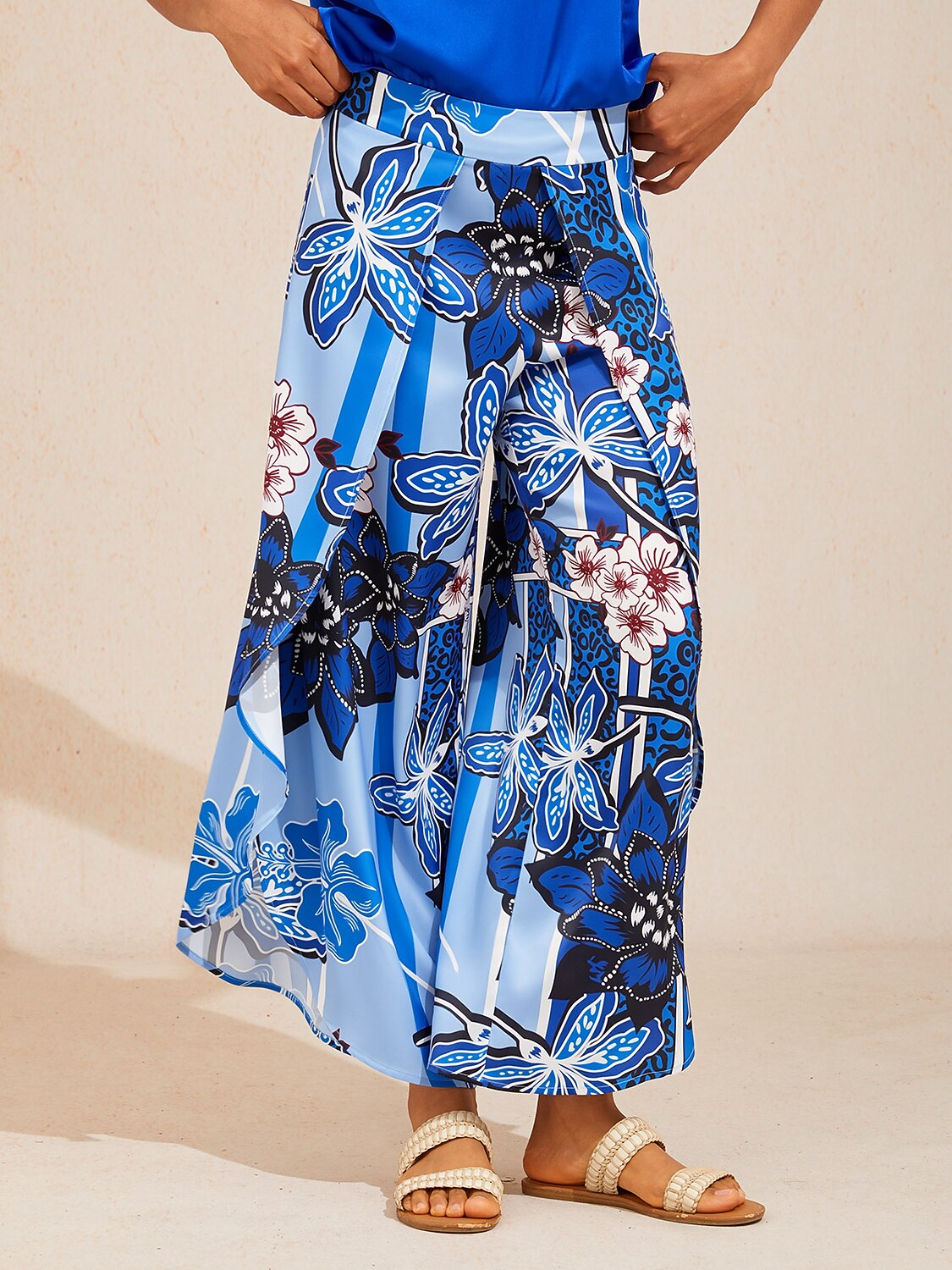 Azure Bloom Satin Slit Wide Leg Pants