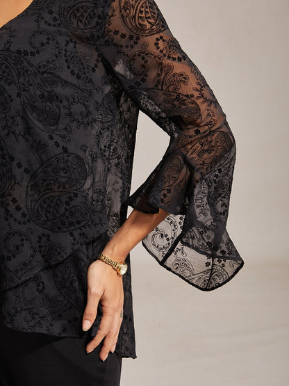Flocked Chiffon V Neck Sheer Blouse Party Vacation