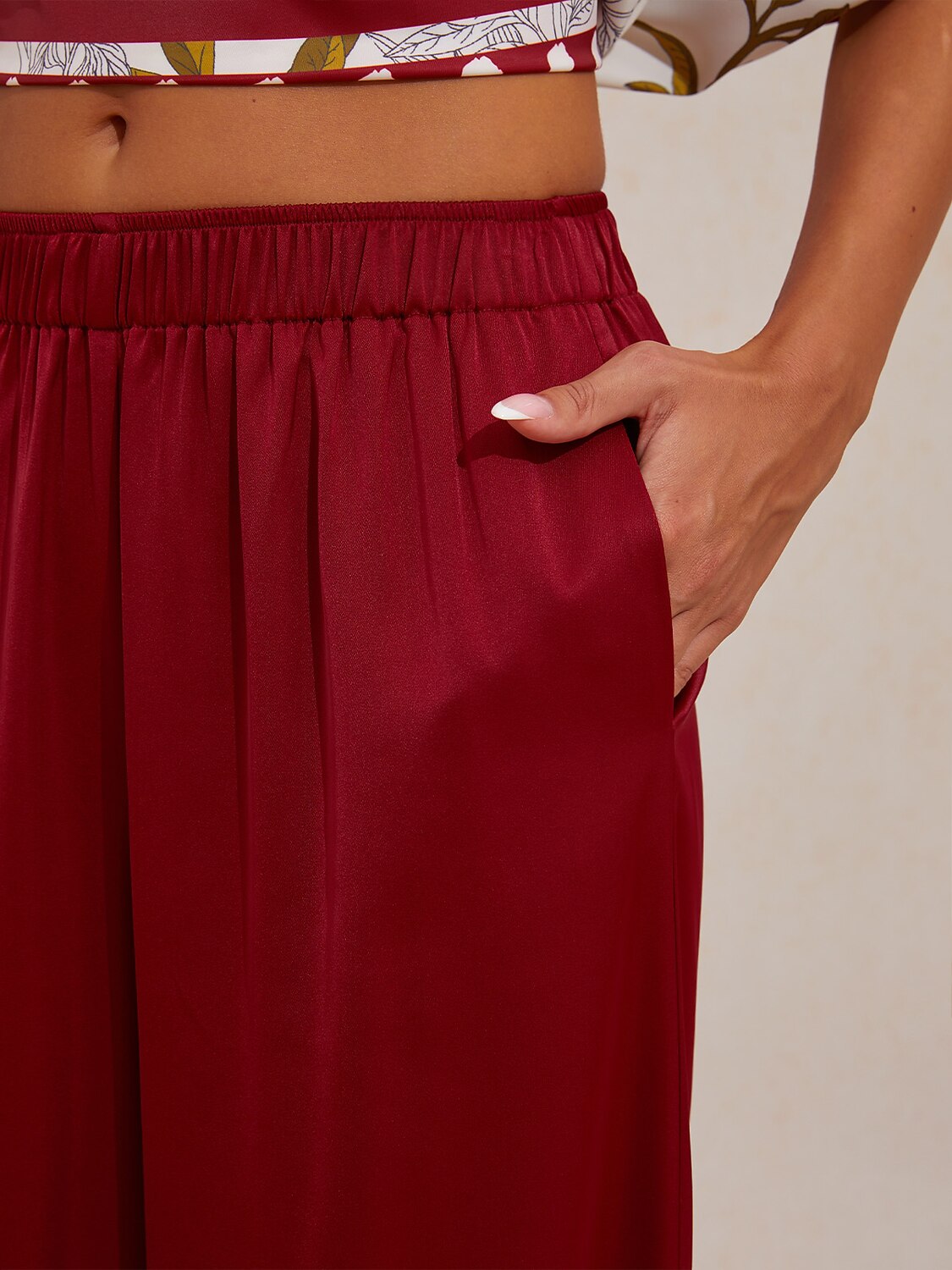 Silky Satin Red Elastic Waist Wide Leg Pants
