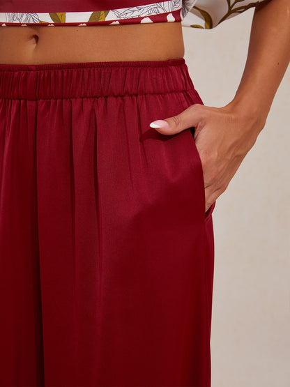 Silky Satin Red Elastic Waist Wide Leg Pants