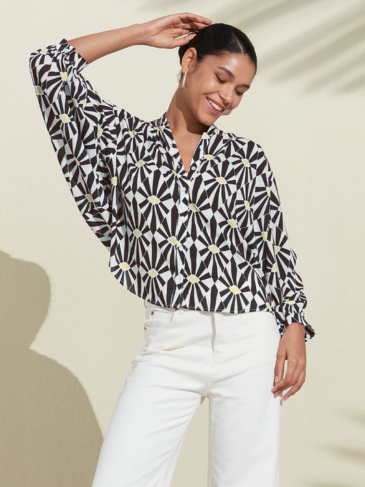 Moroccan Floral V-Neck Silky Satin Blouse