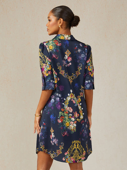 Midnight Jewel Bloom Silky Satin Shirt Dress