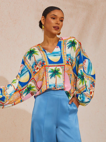 Summer Escape Geometric  Dolman Sleeve Satin Top