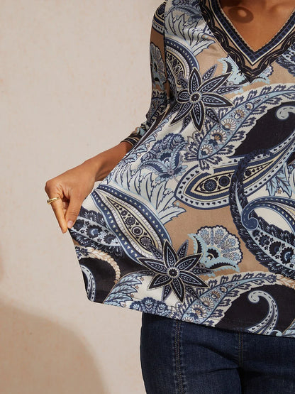 Abstract Paisley Pattern High Stretch Knit Top