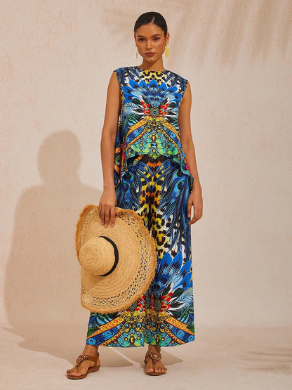 Jungle Wild Party Silky Satin Peacock Top