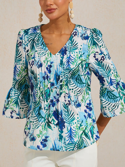 Cobalt Flora Reverie Linen Look V Neck Blouse