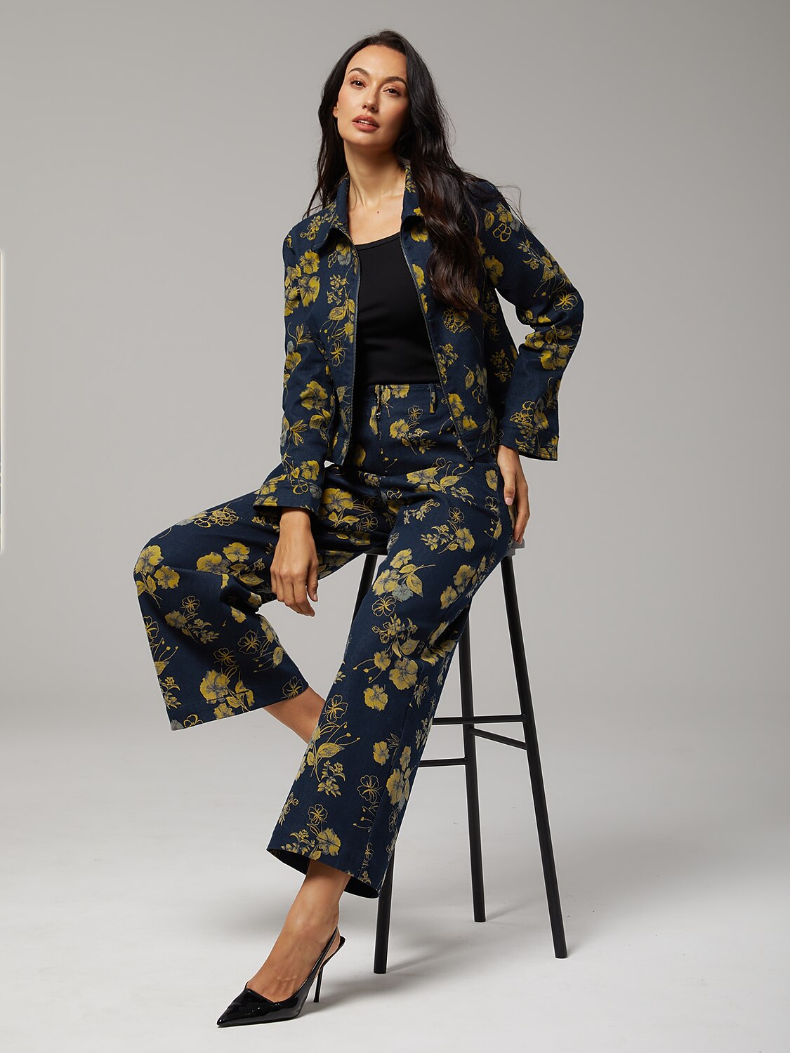 Denim Yellow Floral Print Straight Leg Pants