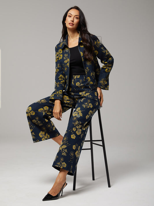 Denim Yellow Floral Print Straight Leg Pants