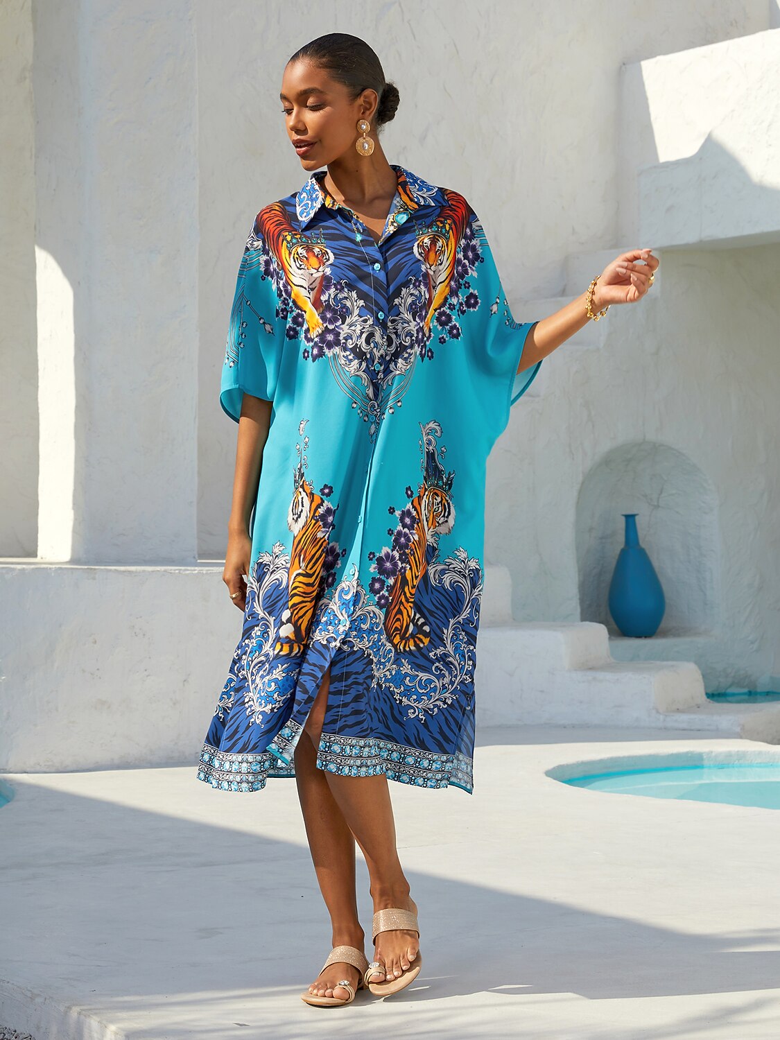Indigo Tigress Chiffon-Urlaubshemdkleid