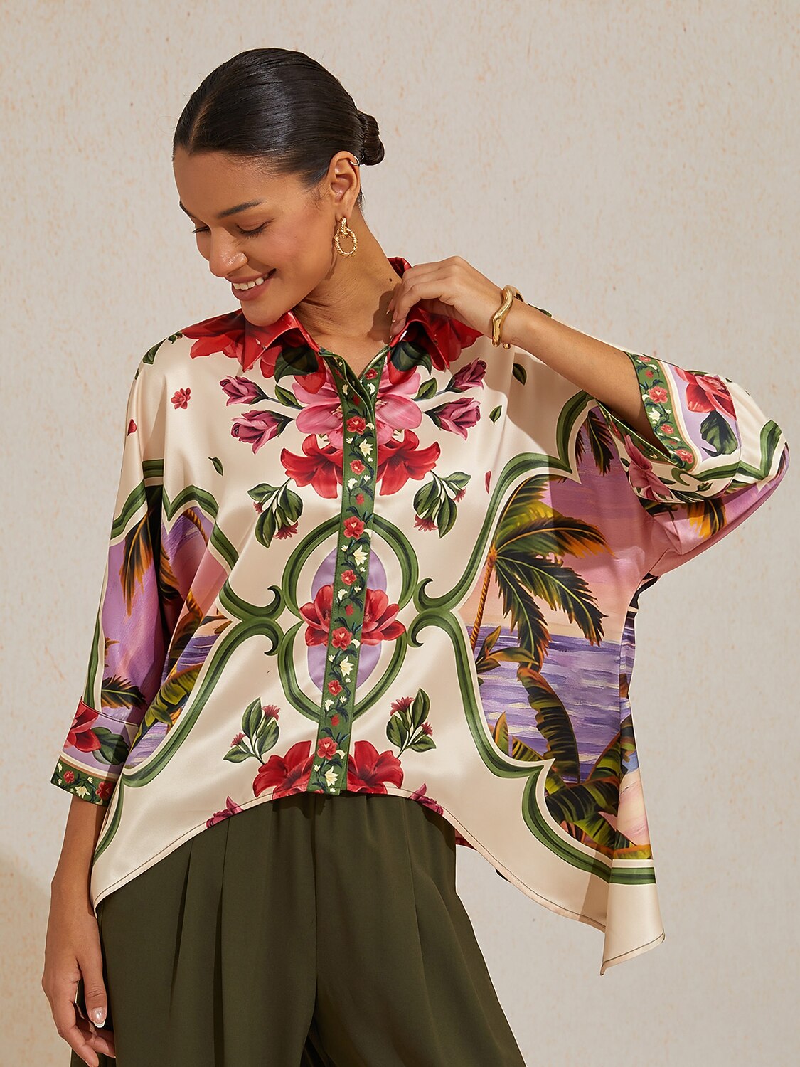 Hawaii Palm Satin Dolman Sleeve Top