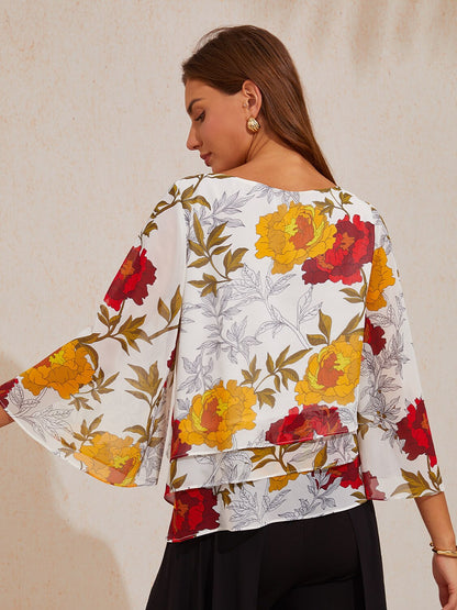 Sapphire Rose Garden Flowy Chiffon Layered Blouse